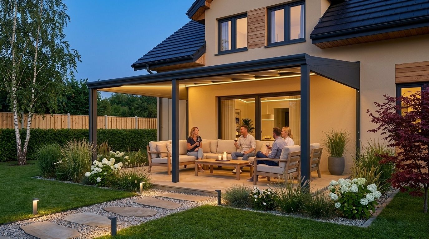 Terrassenüberdachung aus Aluminium mit Sitzecke, Bolan Metal System